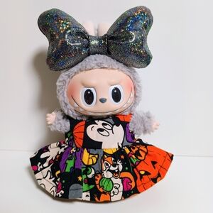 Labubu Mickey Mouse Pumpkin Halloween Dress with Oversized Metallic Bow Outfit